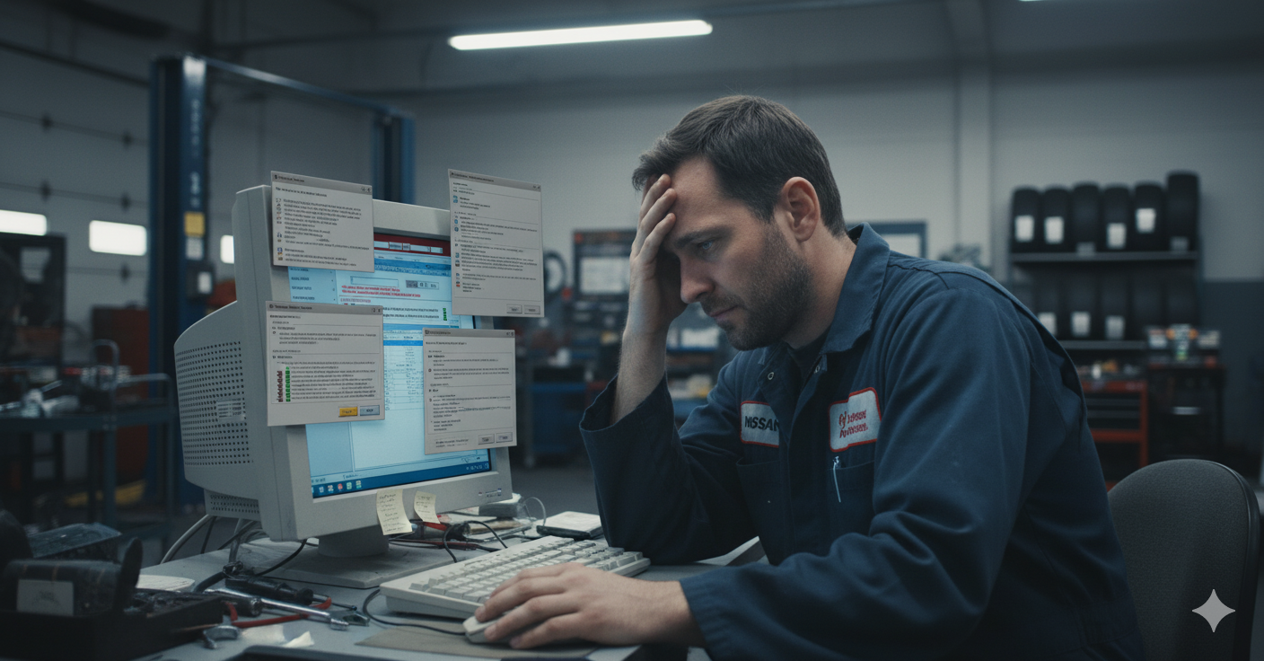 Automotive service technician in a workshop, looking frustrated while using an outdated desktop application. The computer screen shows a cluttered, grey interface with small fonts and overlapping windows, reflecting poor usability