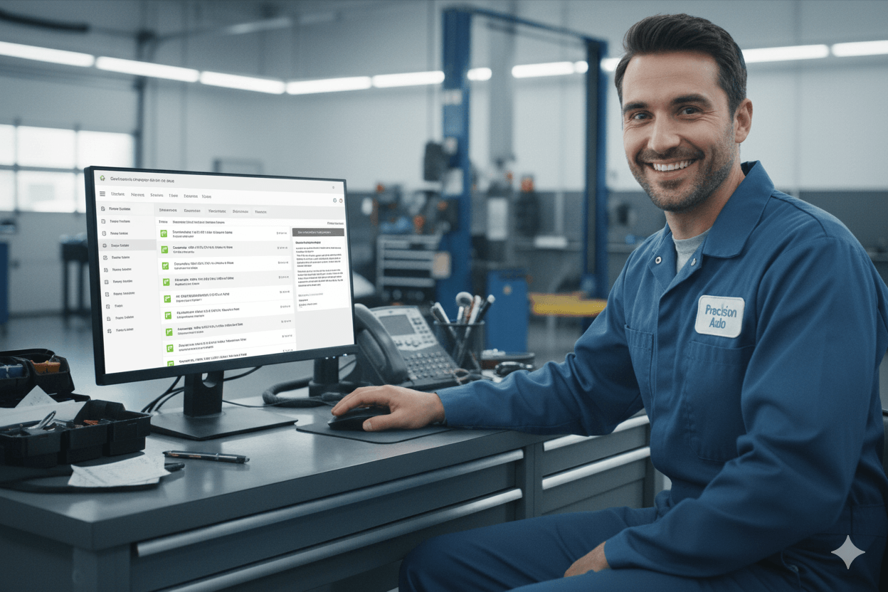 A happy automotive service technician in a workshop environment is shown using a modern desktop application for after-sales service management. The computer screen displays a clean, contemporary user interface with a clear layout, legible fonts, and proper graphics. The technician, wearing a service uniform, looks confident and happy, with a smile on his face, and one hand on the mouse. The background includes typical garage tools and equipment. The overall lighting is bright with a cool tone, emphasizing a feeling of happiness and confidence.